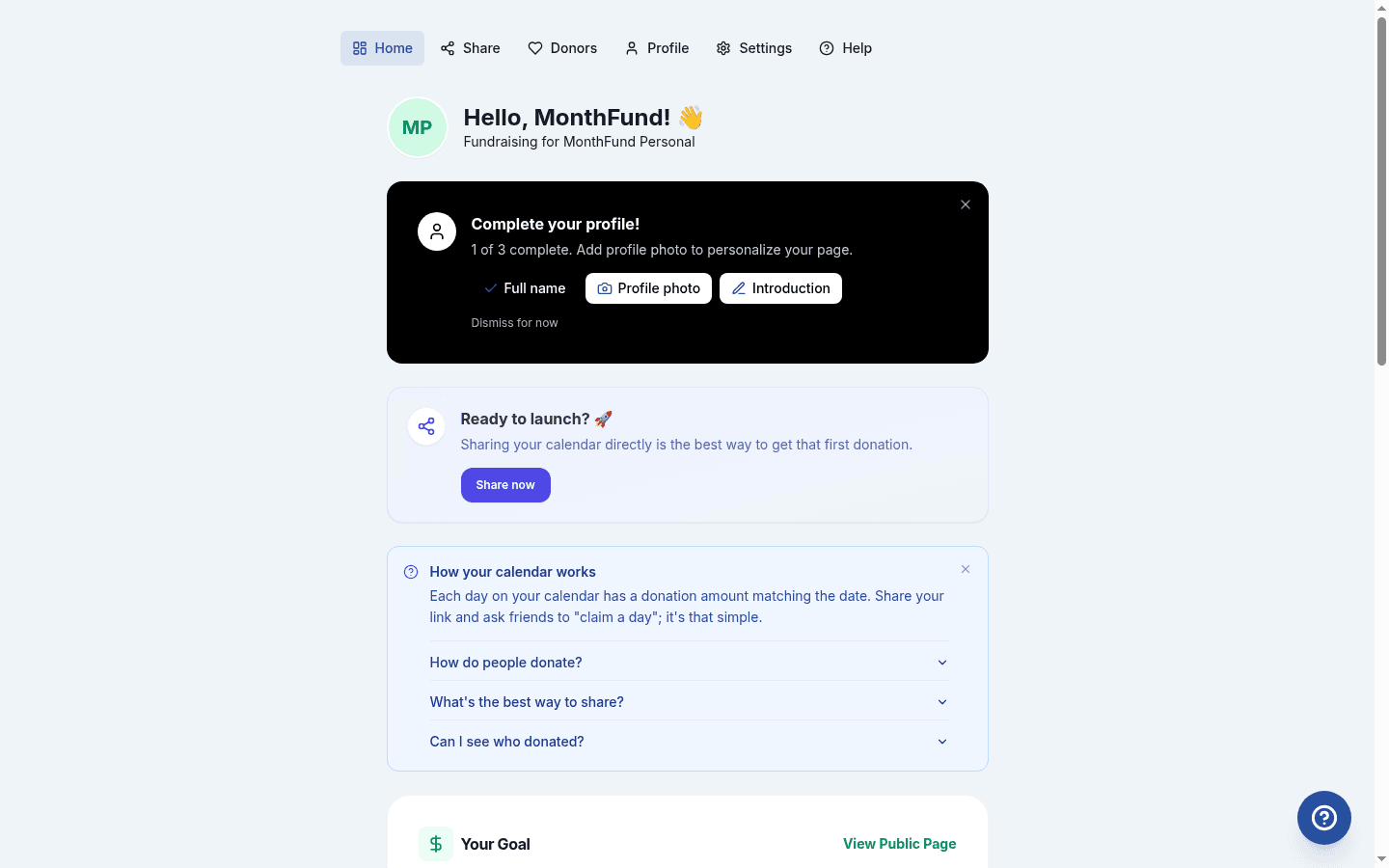 Dashboard showing first donation